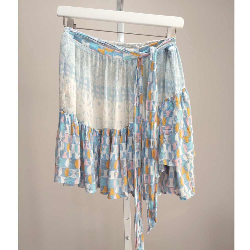 Free People Naomi Blue Mixed Print Ruffle Mini Skirt L Tie Belt Boho Festival